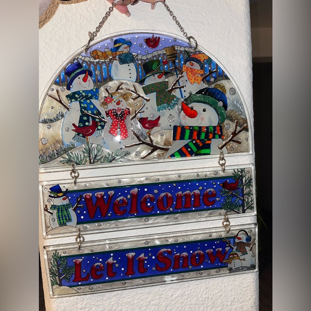 AMIA Christmas Stained Glass Snowmen Welcome, Let it Snow‎ Sign - Picture 2 of 9